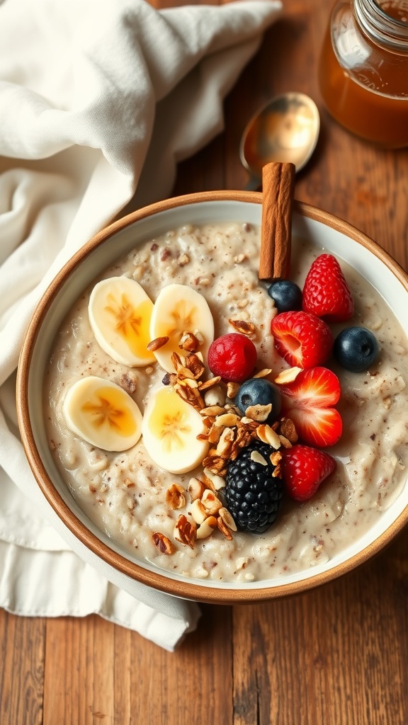 A bowl of quinoa porridge topped with bananas, berries, nuts, and honey on a rustic wooden table.